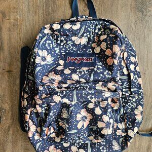 JanSport SuperBreak Backpack Navy Field Floral Orange Pink Flowers School Bag